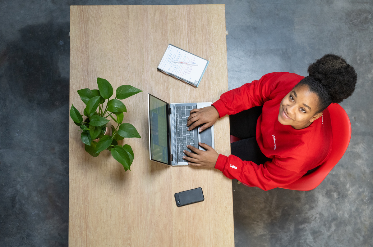Student working in campus workspace